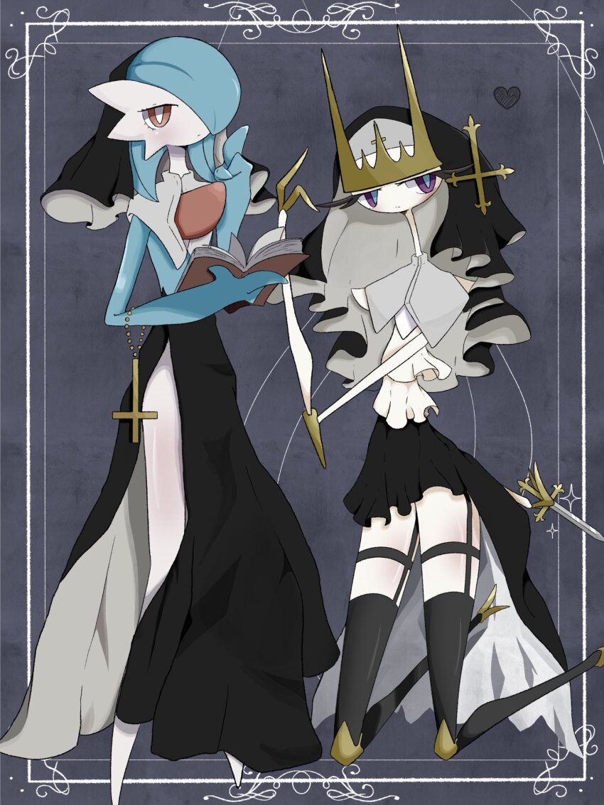 alternate_color black_skirt black_thighhighs black_veil blue_hair blue_skin bob_cut colored_skin gardevoir gen_3_pokemon gen_7_pokemon hair_over_one_eye heart highres inb795 kneeling looking_at_viewer multicolored_skin nintendo pheromosa pokemon pokemon_(creature) shiny_pokemon side_slit skirt thighhighs two-tone_skin ultra_beast veil white_skin