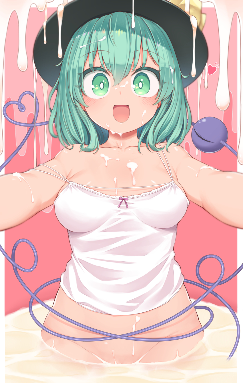 1girl :d absurdres aqua_eyes aqua_hair bottomless bow breasts bright_pupils chocolate collarbone cowboy_shot eyeball harunoha hat hat_bow heart heart_of_string highres incoming_hug komeiji_koishi looking_at_viewer medium_breasts medium_hair no_panties open_mouth outstretched_arms partially_submerged pink_background smile strap_slip suggestive_fluid tank_top third_eye touhou white_chocolate white_day white_pupils white_tank_top yellow_bow