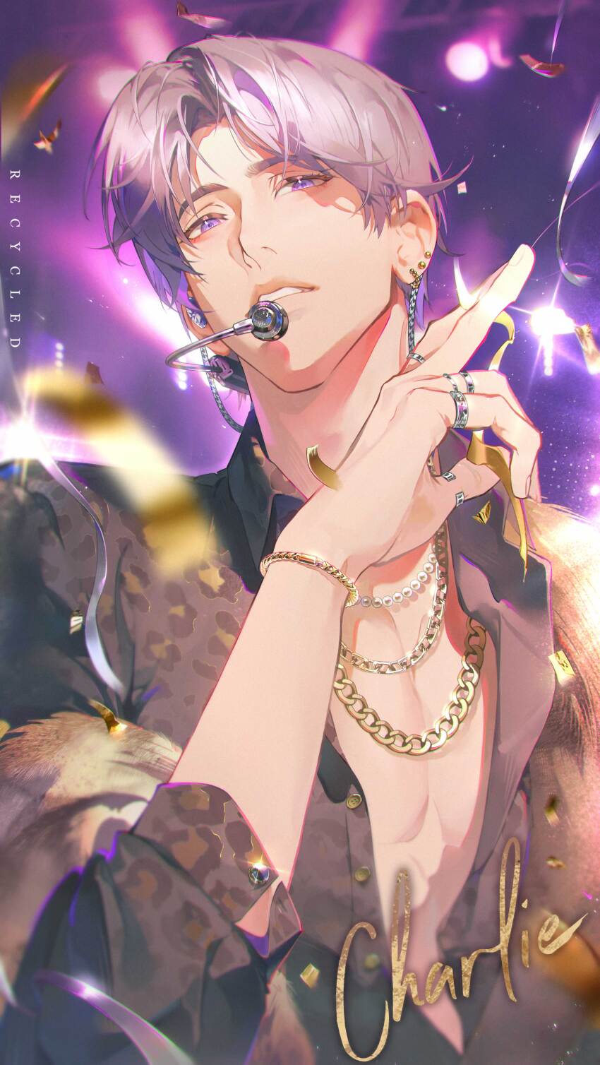 1boy absurdres artist_name bead_necklace beads blurry bracelet chain chain_necklace character_name charlie_su chromatic_aberration confetti ear_piercing eyelashes fingernails gem headset highres jewelry light_and_night_love lips long_sleeves looking_at_viewer male_focus multiple_rings necklace parted_bangs parted_lips partially_unbuttoned pearl_(gemstone) pearl_necklace pectorals piercing purple_eyes purple_hair recycled ring short_hair solo teeth