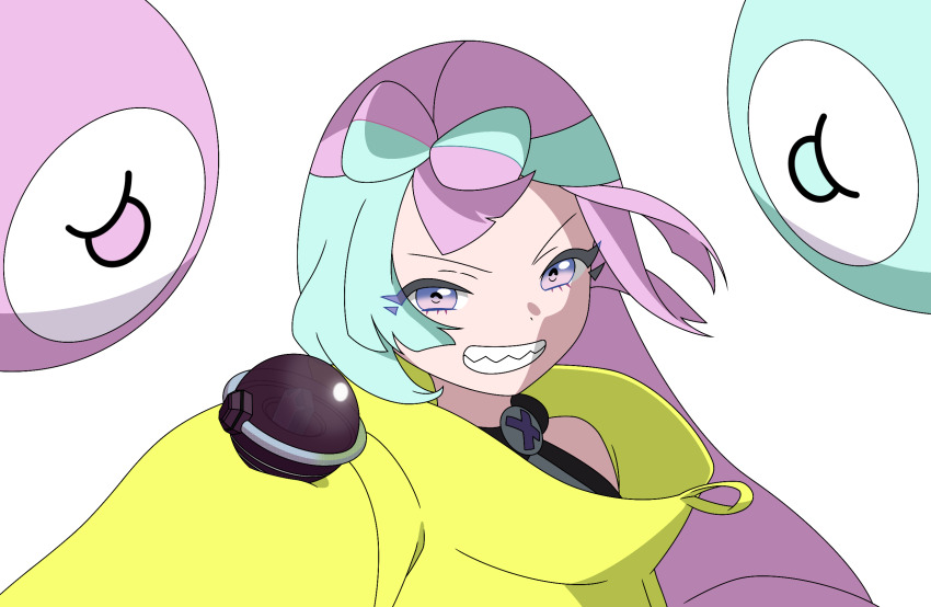 1girl bow-shaped_hair commentary creatures_(company) game_freak green_hair grey_shirt grin highres iono_(pokemon) jacket long_hair looking_at_viewer multicolored_hair nintendo pink_eyes pink_hair pokemon pokemon_sv quelcom shirt sleeveless sleeveless_shirt smile solo teeth tera_orb transparent_background two-tone_hair upper_body yellow_jacket