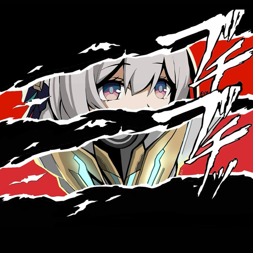 1girl armor eiji_nochi firefly_(honkai:_star_rail) grey_hair hair_between_eyes hair_ornament helmet highres honkai:_star_rail honkai_(series) looking_at_viewer multicolored_eyes parody persona persona_5 persona_eyes sam_(honkai:_star_rail) style_parody two-tone_eyes