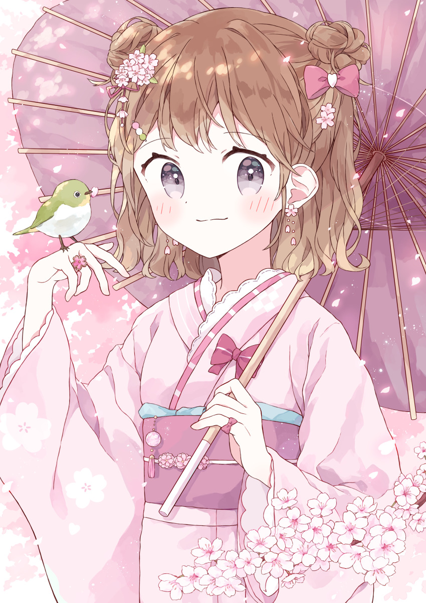 1girl absurdres bird bird_on_hand blush bow bow_ring branch brown_hair cherry_blossoms choppy_bangs closed_mouth commentary_request double_bun earrings falling_petals floral_print floral_print_kimono flower flower_earrings flower_ring grey_eyes hair_bow hair_bun hair_flower hair_ornament hand_up highres holding holding_umbrella japanese_clothes jewelry kimono light_smile long_sleeves looking_at_viewer medium_hair napo_(napo_illust) obi oil-paper_umbrella original petals pink_bow pink_kimono pink_sash pink_theme pink_umbrella print_kimono sash solo standing tassel two_side_up umbrella upper_body wavy_hair wide_sleeves