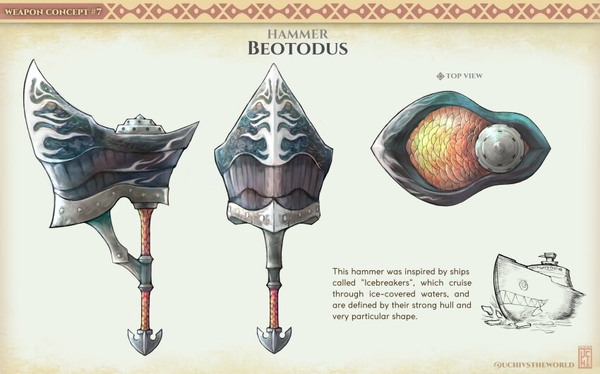 anchor artist_name beotodus character_name reference_sheet concept_art english_text gradient_background hammer highres icebreaker_ship monster_hunter:_world monster_hunter_(series) monster_hunter_world:_iceborne no_humans scales ship uchi_vs_the_world watercraft watermark weapon weapon_focus