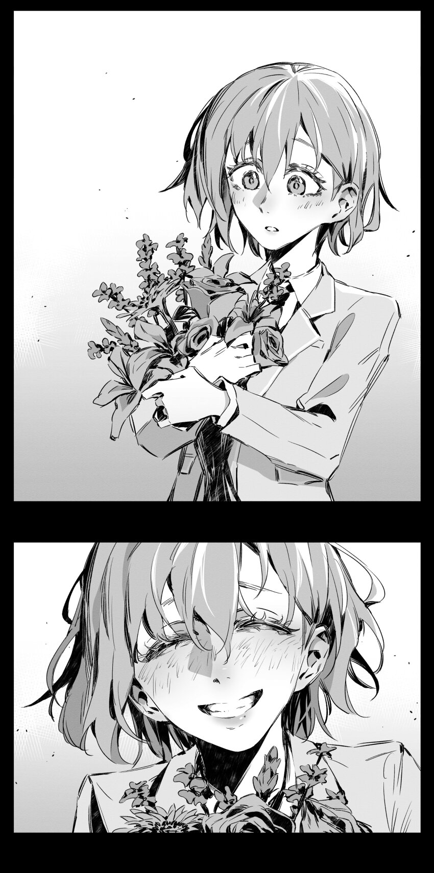 1girl absurdres bang_dream! bang_dream!_it&#039;s_mygo!!!!! blush bouquet clenched_teeth closed_eyes commentary english_commentary flower greyscale haneoka_school_uniform highres holding holding_bouquet jacket monochrome open_mouth school_uniform short_hair smile takamatsu_tomori teeth xenoee