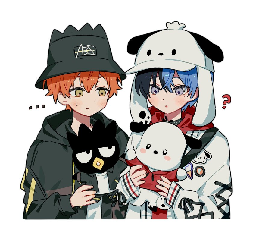 ... 2boys 5rd8x :o ? animal_ear_headwear animal_ears aoyagi_touya badtz-maru black_choker black_hat black_jacket blue_hair cardigan choker closed_mouth commentary_request dog_ears fake_animal_ears hands_up hat highres holding hood hood_down hoodie imozonokan jacket long_sleeves male_focus mole mole_under_eye multicolored_hair multiple_boys official_alternate_costume open_cardigan open_clothes open_mouth pochacco project_sekai red_hoodie sanrio shinonome_akito shirt short_hair simple_background split-color_hair two-tone_hair upper_body white_background white_cardigan white_hat white_shirt