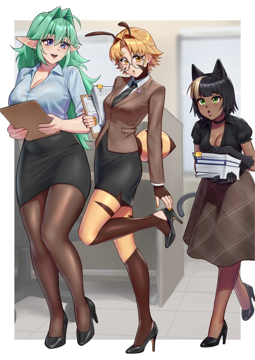 3girls absurdres ahoge animal_ears arthropod_girl bee_girl black_hair black_necktie black_shoes blonde_hair blunt_bangs book breasts brown_eyes brown_hair brown_pantyhose brown_skirt brown_suit cat_ears cat_girl cat_tail cleavage clipboard dark-skinned_female dark_skin diagonal-striped_clothes diagonal-striped_necktie earrings face_piercing formal_clothes green_hair hair_intakes high_heels highres holding holding_book holding_clipboard hunybee insect_girl jewelry large_breasts lip_piercing long_skirt long_sleeves looking_at_another looking_at_viewer medium_breasts multicolored_hair multiple_girls necktie office_lady open_mouth original pantyhose parted_lips pencil_skirt piercing pointy_ears puffy_short_sleeves puffy_sleeves purple_eyes septum_piercing shiny_clothes shirt shoes short_hair short_sleeves skirt smile striped_clothes suit tail teeth tongue two-tone_hair upper_teeth_only white_shirt yellow_nails