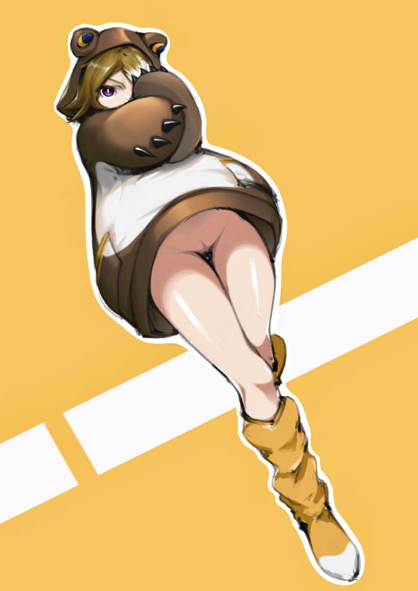 1girl absurdres animal_ears arknights bear_claws bear_ears beehunter_(arknights) beehunter_(honey_pilferer)_(arknights) bottomless brown_hair cleft_of_venus highres hood hoodie kneehighs naked_hoodie purple_eyes pussy socks thighs