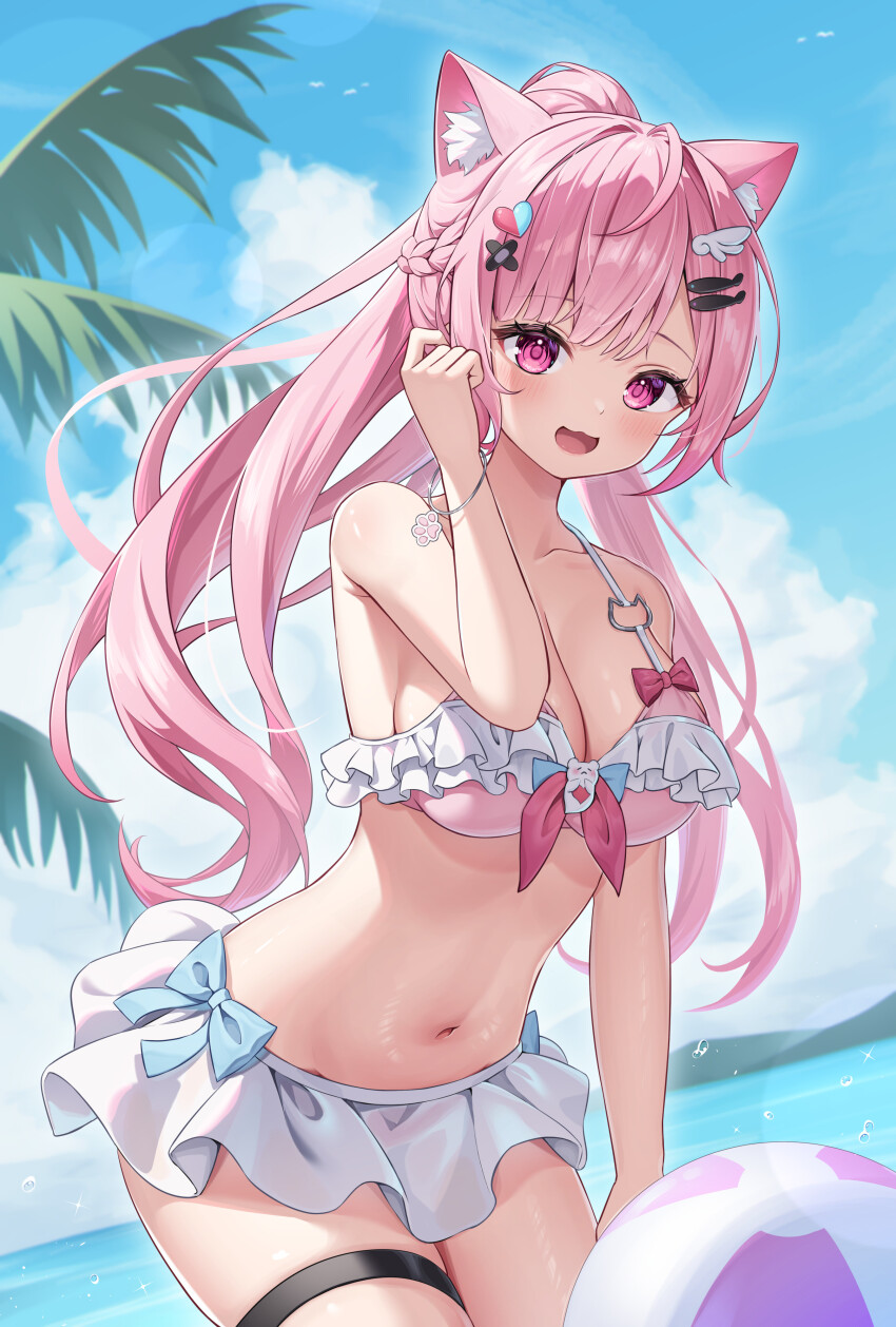 1girl :3 :d absurdres alternate_costume alternate_hairstyle animal_ear_fluff animal_ears ball beachball bikini bikini_skirt blue_hair blue_sky blush breasts cat_ears cat_girl cat_o-ring cleavage cloud day frilled_bikini frills hair_ornament hairclip hand_up hashtag-only_commentary highres indie_virtual_youtuber kag_tsukimi large_breasts leaning_forward long_hair looking_at_viewer multicolored_hair navel o-ring o-ring_bikini ocean open_mouth outdoors palm_tree pink_bikini pink_hair purple_eyes sky smile solo stomach streaked_hair swimsuit thigh_strap tree virtual_youtuber white_bikini yuuki_sakuna
