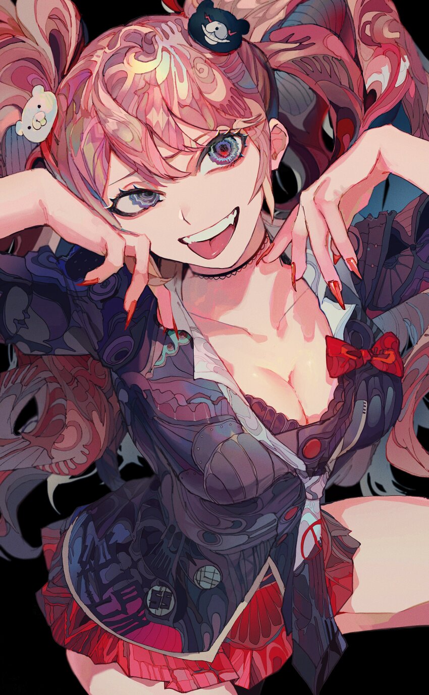 1girl :d absurdres bear_hair_ornament black_necktie blonde_hair blue_eyes bow breasts cleavage collarbone colorful danganronpa:_trigger_happy_havoc danganronpa_(series) enoshima_junko fangs grey_necktie hair_ornament hands_up highres large_breasts long_hair looking_at_viewer miniskirt nail_polish necktie open_mouth red_bow red_nails red_skirt skirt smile solo teeth tongue tongue_out twintails very_long_hair yadu_nadu