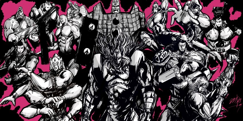 6+boys akuma_shogun armor ashuraman biceps blonde_hair brocken_jr. buffaloman character_request demon epaulettes extra_arms full_armor highres horns jumping junkman_(kinnikuman) kinnikuman long_hair mask mongolman monster_boy multiple_boys muscular neptuneman rikishiman shaded_face sneagator_(kinnikuman) standing sunshine_(kinnikuman) the_ninja_(kinnikuman) yoshiokanp