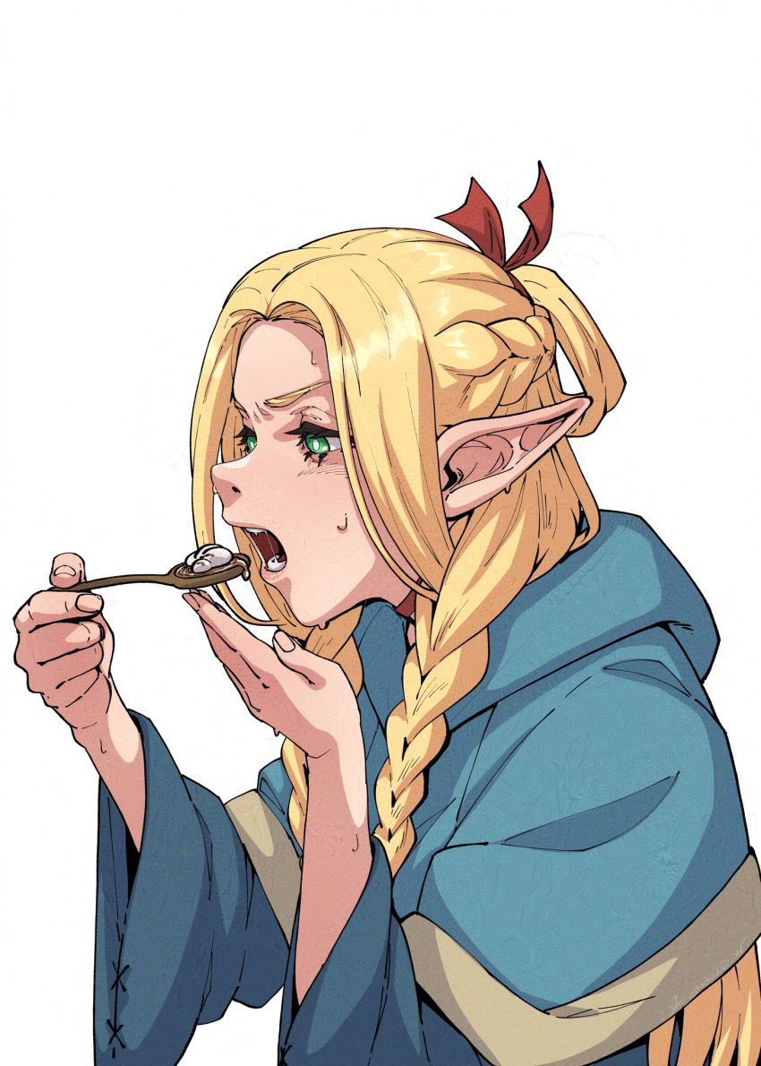 1girl artist_name blonde_hair blue_capelet blue_robe braid braided_sidelock bright_pupils capelet choker chuckuddin commentary dungeon_meshi eating elf eyelashes food furrowed_brow green_eyes hair_ribbon hair_rings half_up_half_down_braid highres holding holding_spoon hood hood_down hooded_capelet lips long_hair long_sleeves looking_at_object marcille_donato multiple_braids nervous_sweating nose open_mouth pointy_ears red_choker red_ribbon ribbon robe saliva side_braid signature simple_background solo spoon sweat teeth thick_eyelashes tongue twin_braids upper_body white_background white_pupils
