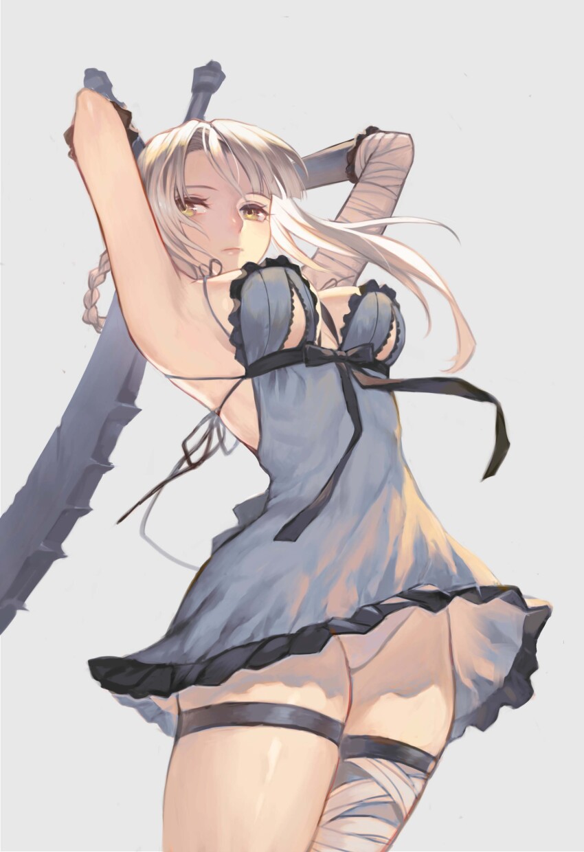 1girl absurdres armpits arms_up bandaged_arm bandaged_leg bandages blue_negligee braid breasts chinese_commentary closed_mouth commentary cowboy_shot grey_background highres holding holding_sword holding_weapon jagged_sword kaine_(nier) large_breasts long_hair looking_at_viewer nier nier_(series) panties panty_peek simple_background solo standing sword tasia27816 thigh_strap two-handed underwear weapon white_hair white_panties yellow_eyes