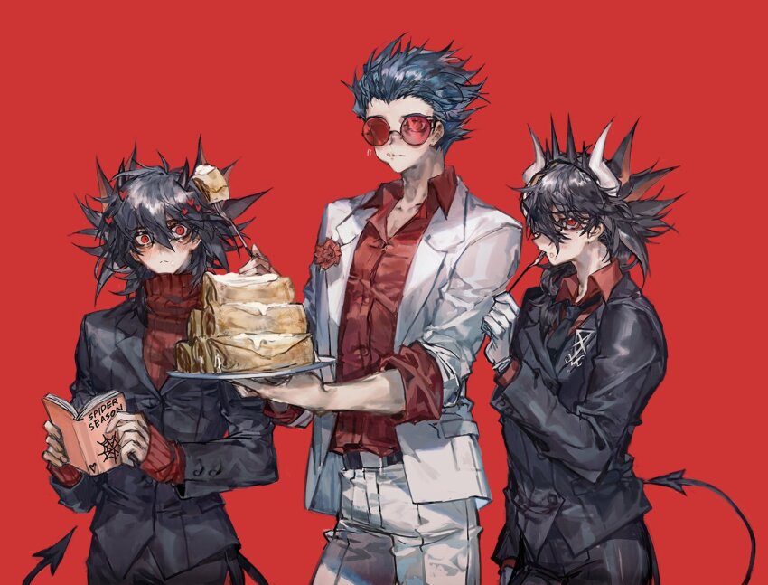 3boys antinomy bad_id bad_twitter_id black_hair black_jacket black_necktie black_pants blue_hair book clone demon_horns demon_tail dress_shirt eating facing_to_the_side fake_tail food fork fudo_yusei gloves hair_ornament hair_slicked_back hand_to_own_mouth holding holding_book holding_food holding_fork horns jacket looking_at_object looking_at_viewer male_focus momentcorefly multiple_boys necktie open_clothes open_jacket pants red-eye_effect red-framed_eyewear red_background red_shirt shirt sleeves_rolled_up spiked_hair sweater tail turtleneck turtleneck_sweater white_gloves white_jacket white_pants yu-gi-oh! yu-gi-oh!_5d&#039;s
