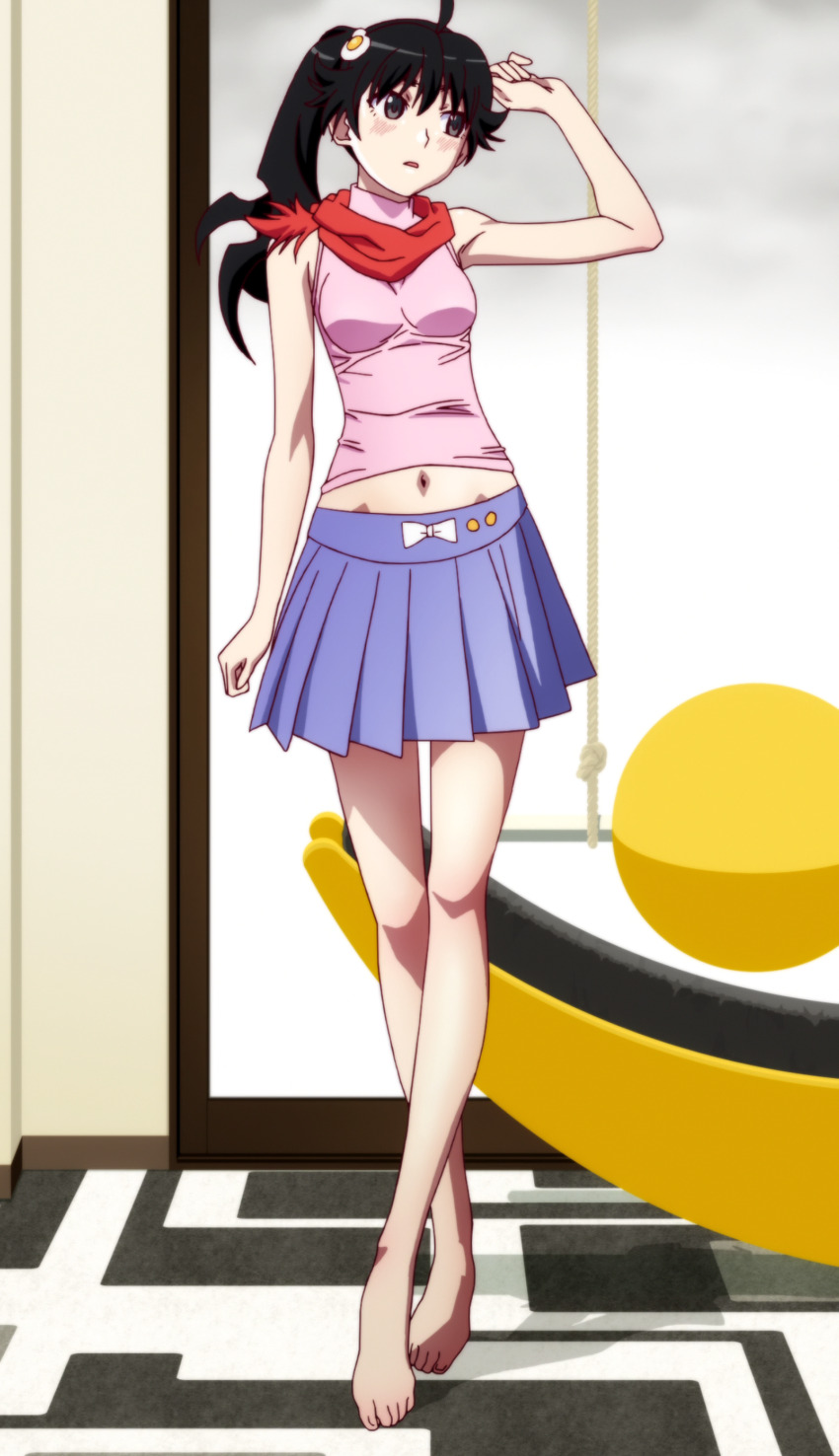 1girl absurdres ahoge anime_screenshot araragi_karen armpits asymmetrical_hair barefoot black_hair blush egg_(food) female_focus food fried_egg hair_ornament hairclip highres long_legs midriff miniskirt monogatari_(series) navel neckerchief nisemonogatari side_ponytail skirt solo stitched tank_top third-party_edit