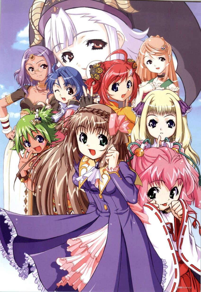 6+girls :d ahoge antenna_hair armlet bell bistro_cupid bistro_cupid_(series) bistro_cupid_2 blonde_hair blue_eyes blue_hair blush bow brown_eyes brown_hair celery_periwinkle cherry_maple closed_mouth cloud cloudy_sky dark-skinned_female dark_skin detached_sleeves dress everyone frills glasses green_eyes green_hair group_picture hair_bell hair_bobbles hair_bow hair_bun hair_ornament hair_ribbon hat highres horns japanese_clothes jewelry light_brown_hair long_hair long_sleeves looking_at_viewer miko mullein_santorina multiple_girls myrtle_raspberry nemesia_wormwood official_art one_eye_closed open_mouth orange_hair pandaki_(aki) pink_hair purple_dress purple_eyes purple_hair red_eyes red_hair ribbon rue_matoricary scan scarlet_clover short_hair simple_background sky smile sorrel_nasturtium thyme_moschata