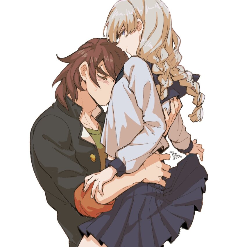 2boys blue_eyes blush braid brown_hair closed_eyes clothes_lift crossdressing from_side grey_hair head_on_chest highres hijiyama_takatoshi hug juusan_kihei_bouei_ken long_hair looking_at_viewer male_focus matamataki multiple_boys okino_tsukasa profile school school_uniform short_hair size_difference skirt skirt_lift sweat trap twin_braids upper_body white_background wig yaoi