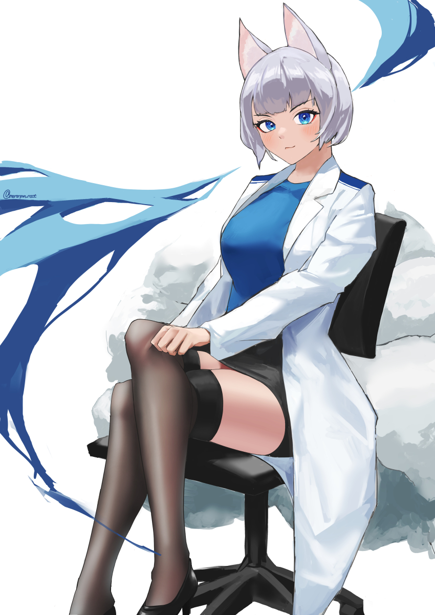 1girl absurdres alternate_costume animal_ears azur_lane black_shoes black_skirt black_thighhighs blue_eyes blue_sweater breasts chair coat doctor foot_out_of_frame high_heels highres kaga_(azur_lane) kitsune lab_coat large_breasts large_tail looking_at_viewer miniskirt multiple_tails nocturnal_melonpan office_chair open_clothes open_coat over-kneehighs pencil_skirt shoes short_hair simple_background sitting skirt solo sweater swivel_chair tail thighhighs white_background white_coat white_hair white_tail zettai_ryouiki