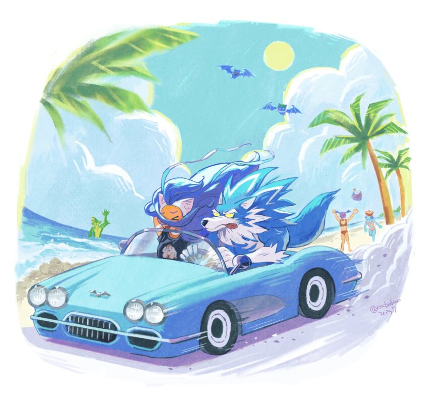 &gt;_&lt; animal_ears beach blue_fur blue_hair body_fur car cat_ears cat_girl character_request darkstalkers driving felicia_(darkstalkers) hsien-ko jon_talbain lilith_(darkstalkers) long_hair motor_vehicle ocean ooobxdooo palm_tree rikuo_(darkstalkers) sasquatch_(darkstalkers) sun tongue tongue_out tree water wolf