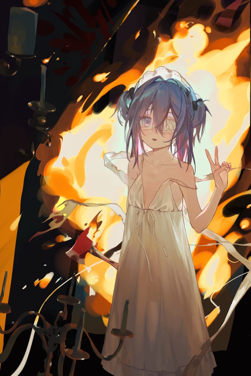 1girl axe blue_eyes blue_hair breasts candlestand collarbone dress eyepatch fire flat_chest highres holding holding_axe multicolored_eyes multicolored_hair no_bra original parted_lips pink_eyes pink_hair pink_streaks small_breasts smile solo standing two-tone_eyes two-tone_hair two_side_up v white_dress white_headdress wusubamineko