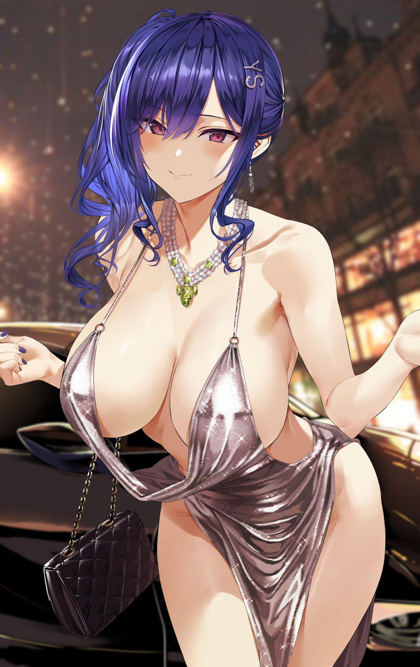 1girl absurdres azur_lane backless_dress backless_outfit bag bare_shoulders blue_hair blush breasts building car center_opening cleavage closed_mouth collarbone cowboy_shot dress earrings elbow_carry evening_gown hair_between_eyes hair_ornament halter_dress halterneck handbag highres hiiragi_yuuichi huge_filesize jewelry large_breasts leaning_forward looking_at_viewer motor_vehicle nail_polish necklace night night_sky official_alternate_costume plunging_neckline purple_eyes purple_nails revealing_clothes side_ponytail sidelocks silver_dress sky smile solo st._louis_(azur_lane) st._louis_(luxurious_wheels)_(azur_lane) thighs undressing