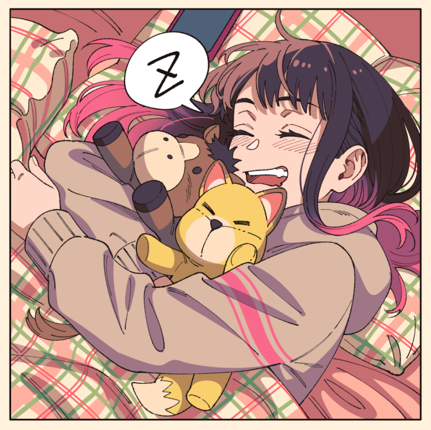 1girl akakokko_(niro_azarashi) akane-banashi black_hair cellphone closed_eyes gradient_hair grey_hoodie hood hoodie indoors long_sleeves multicolored_hair osaki_akane_(akane-banashi) phone pillow pink_hair sleeping snoring solo stuffed_animal stuffed_fox stuffed_horse stuffed_toy under_covers