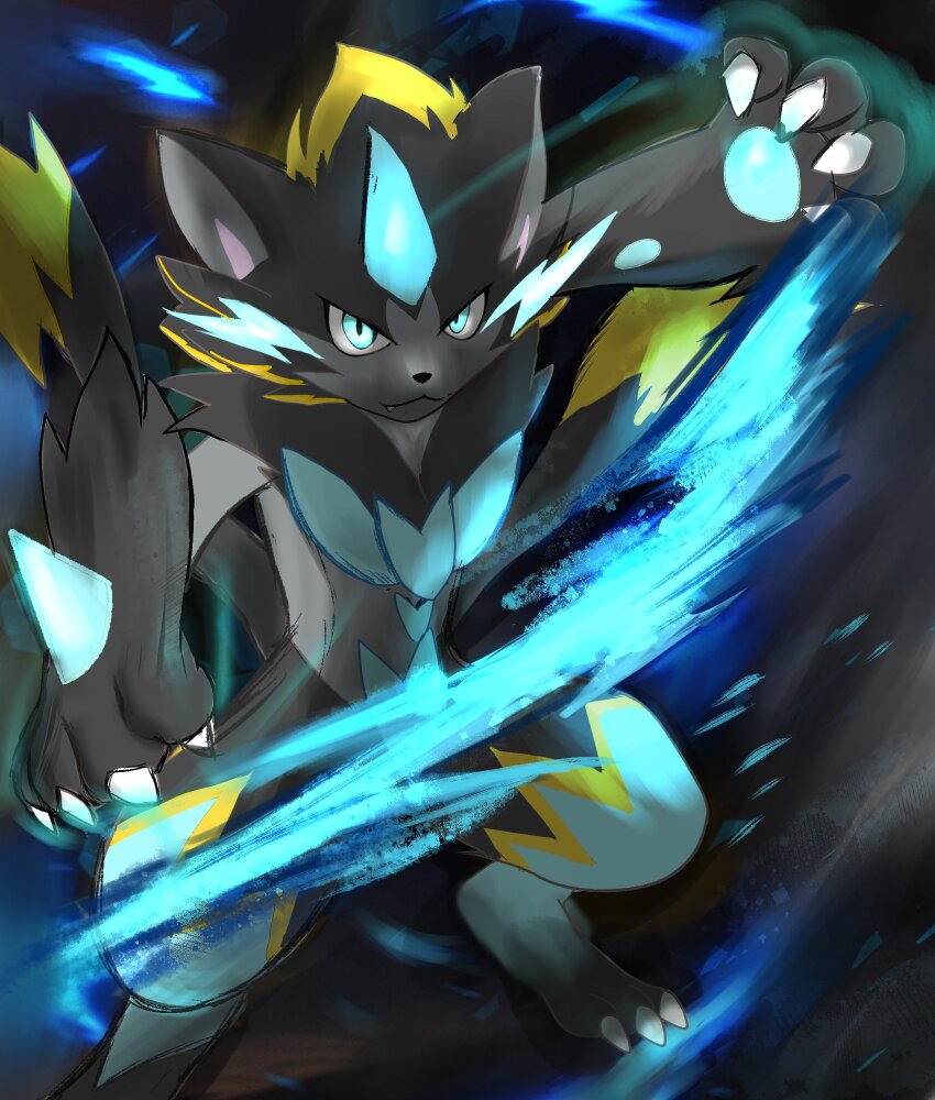 animal_ears animal_nose black_fur blue_eyes blue_fur body_fur cat claws electricity fangs furry highres horns mega_pokemon mega_zeraora nintendo pokemon pokemon_(creature) senran5238 single_horn spikes two-tone_fur v-shaped_eyes whiskers yellow_trim zeraora