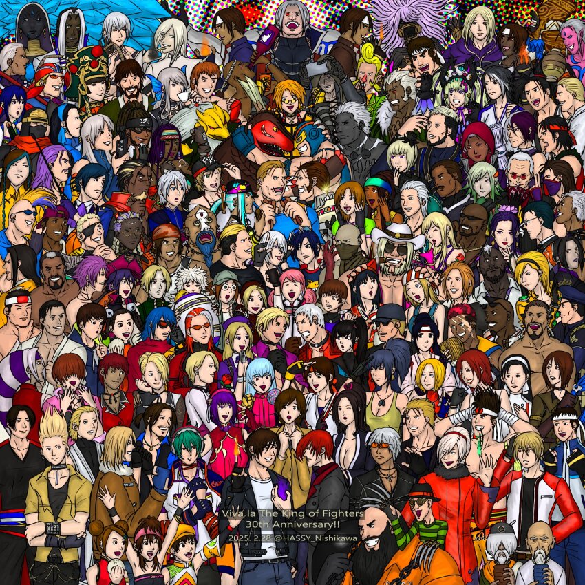 6+boys 6+girls adelheid_bernstein ainu_clothes andy_bogard angel_(kof) antonov_(kof) arm_behind_head artist_name asamiya_athena ash_crimson bike_shorts billy_kane blowing_kiss blue_eyes blue_hair blue_mary bodysuit braid breasts brown_eyes brown_hair chinese_clothes chris_(kof) clark_still cleavage clenched_hands closed_eyes dark-skinned_female dark-skinned_male dark_skin darli_dagger dolores_(kof) dress duo_lon elisabeth_blanctorche eyepatch fatal_fury fingerless_gloves fire gato_(snk) geese_howard gloves goenitz green_hair grey_hair hachimaki hair_over_one_eye hair_ribbon haoumaru headband heidern highres isla_(kof) jacket japanese_clothes b._jenet joe_higashi k&#039;_(kof) k9999 kagura_chizuru kicking kim_kaphwan king_(snk) king_of_dinosaurs krohnen kukri_(kof) kula_diamond kusanagi_kyou large_breasts legs long_hair luong mature_(kof) maxima medium_breasts meitenkun midriff military military_uniform multiple_boys multiple_girls muscular muscular_male nakoruru nanakase_yashiro navel nikaidou_benimaru one_eye_closed open_clothes open_jacket open_mouth orochi_(kof) pants ponytail puckered_lips purple_hair ralf_jones ramon_(kof) red_hair ribbon robert_garcia rock_howard rugal_bernstein ryou_sakazaki ryuuko_no_ken samurai_spirits serious shermie_(kof) shijou_hinako shiranui_mai shirt shun&#039;ei snk sylvie_paula_paula tattoo terry_bogard the_king_of_fighters thighs twintails vanessa_(kof) whip white_hair wink wrestling_outfit yabuki_shingo yagami_iori yamazaki_ryuuji
