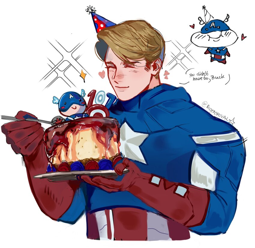 1boy artist_name birthday_cake bishie_sparkle blonde_hair blue_bodysuit blush bodysuit boots cake captain_america captain_america_(series) closed_eyes closed_mouth eating english_text food gloves hands_up hat heart helmet highres holding holding_plate holding_spoon male_focus marvel marvel_cinematic_universe multiple_views party_hat plate red_boots red_gloves rogersrival short_hair simple_background smile sparkle speech_bubble spoon star_(symbol) star_print steve_rogers striped_hat superhero_costume upper_body white_background