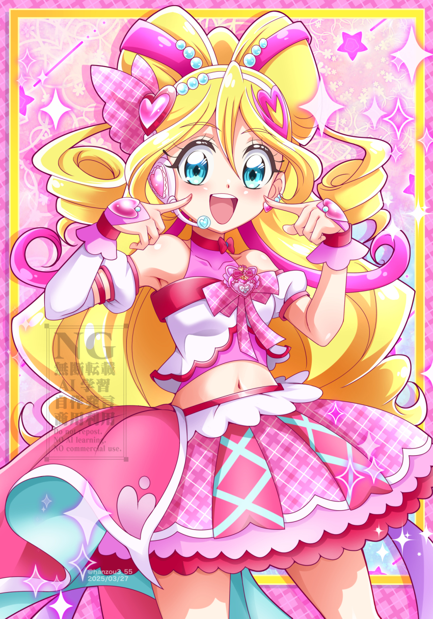 1girl 2025 :d arm_warmers bandai bandai_namco bare_shoulders beads blonde_hair blue_eyes bow bow-shaped_hair bow_choker breasts choker collarbone commentary_request cowboy_shot crop_top cure_idol dated detached_sleeves drill_hair earrings hair_beads hair_between_eyes hair_ornament hair_ribbon hairband hands_up hanzou headset heart heart_earrings heart_hair_ornament highres idol_heart_brooch jewelry kimi_to_idol_precure long_hair looking_at_viewer magical_girl midriff multicolored_hair multiple_earrings navel open_mouth pink_bow pink_hair pink_ribbon pink_shirt pink_skirt pink_wrist_cuffs plaid_bow plaid_ribbon pointing pointing_at_self precure puffy_detached_sleeves puffy_sleeves red_bow red_choker ribbon sakura_uta_(precure) shirt shirt_bow single_arm_warmer skirt smile solo streaked_hair teeth toei_animation tv_asahi two-tone_hair upper_teeth_only watermark white_arm_warmers white_hairband wrist_cuffs