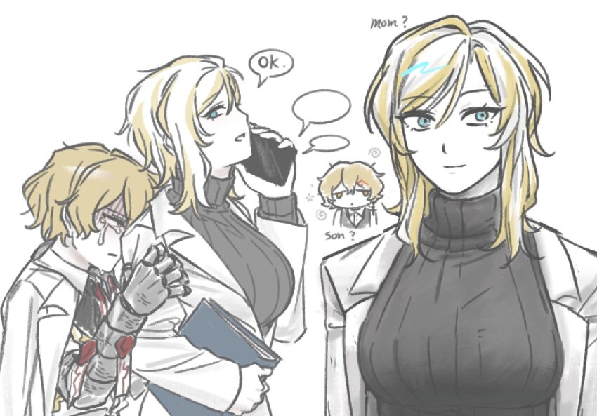 1boy 1girl black_sweater blonde_hair blue_eyes breasts closed_mouth coat coat_on_shoulders crying faust_(project_moon) gauntlets highres lab_coat lapels large_breasts limbus_company looking_at_viewer multicolored_hair multiple_views n_corp._fanatic_(identity)_(project_moon) notched_lapels ohzv project_moon ribbed_sweater sinclair_(project_moon) smile streaked_hair sweater white_coat white_hair yellow_eyes