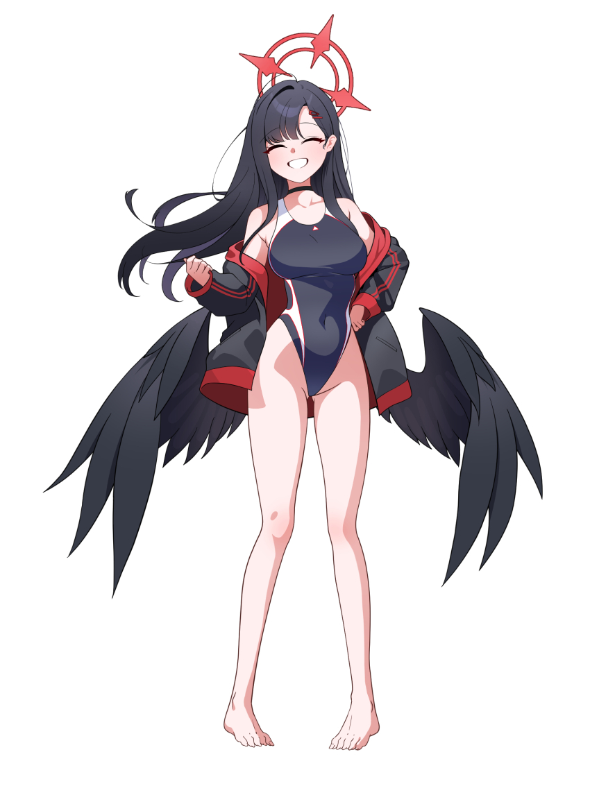 1girl barefoot black_choker black_hair black_jacket black_one-piece_swimsuit black_wings blue_archive blush breasts choker closed_eyes competition_swimsuit facing_viewer feathered_wings grin hair_ornament hairclip halo highleg highleg_leotard highres ichika_(blue_archive) jacket large_breasts leotard long_hair long_sleeves one-piece_swimsuit open_clothes open_jacket red_halo schwarz_rubin simple_background smile solo swimsuit toes white_background wings