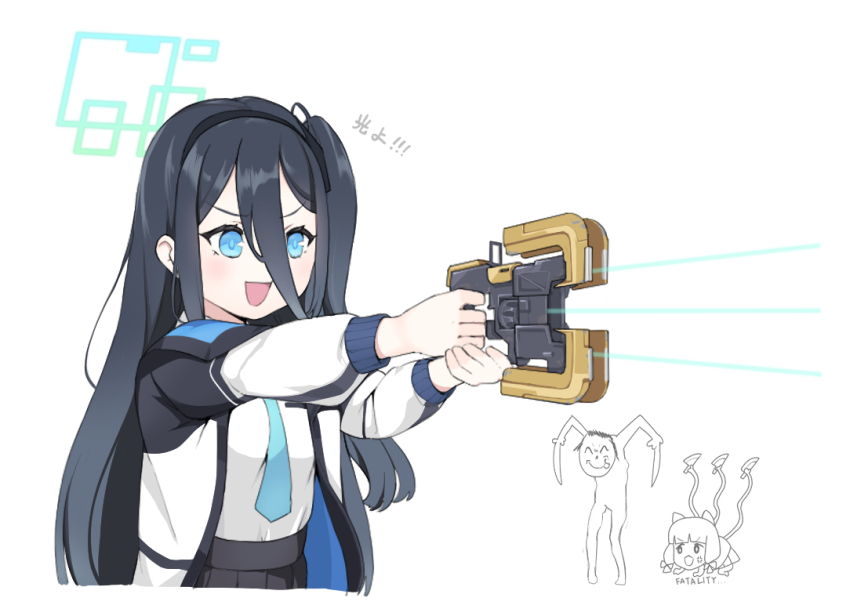 2girls :d :p anger_vein aqua_halo aris_(blue_archive) black_hair black_hairband blue_archive blue_eyes blue_necktie commentary_request dead_space death_momoi_(meme) doodle_sensei_(blue_archive) hair_between_eyes hairband halo holding holding_weapon knife linnkou long_hair long_hair_between_eyes long_sleeves lurker_(dead_space) meme momoi_(blue_archive) multiple_girls necktie one_side_up open_mouth plasma_cutter sensei_(blue_archive) simple_background slasher_(dead_space) smile tongue tongue_out translation_request weapon white_background