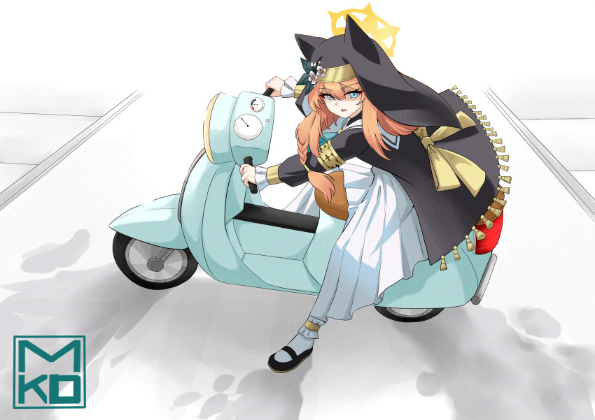 1girl absurdres akira_(manga) akira_slide animal_ear_headwear animal_ears blue_archive blue_eyes coif fake_animal_ears flower hair_between_eyes halo hat hat_flower highres long_hair long_sleeves mari_(blue_archive) mikedrawart motor_vehicle nun on_scooter orange_hair parody scooter solo yellow_halo
