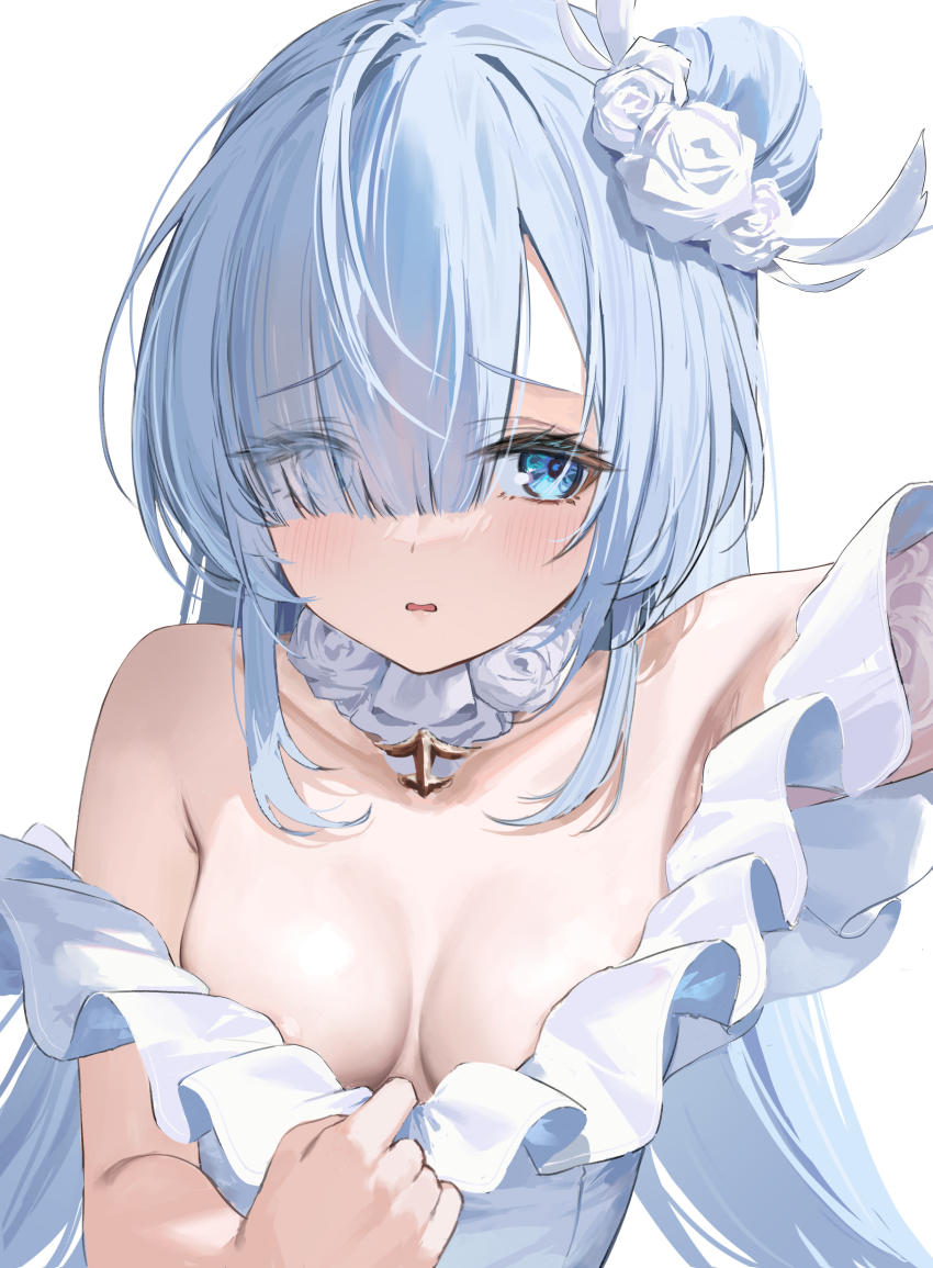 1girl absurdres arm_up azur_lane bare_shoulders blue_eyes blue_hair blush breasts byx detached_collar dress embarrassed flower frilled_dress frills hair_bun hair_flower hair_ornament hair_over_one_eye highres janus_(azur_lane) janus_(oath_under_the_morning_sun)_(azur_lane) long_hair looking_at_viewer medium_breasts official_alternate_costume simple_background solo upper_body wedding_dress white_background white_dress