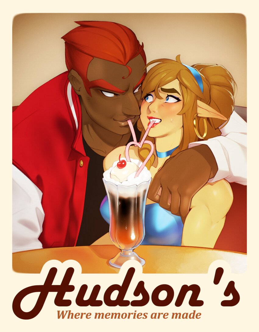2boys absurdres aquiline_nose arm_around_shoulder ben-day_dots black_shirt blonde_hair blue_choker blue_dress blue_eyes blue_eyeshadow blush breasts cherry choker combos_&amp;_doodles crossdressing crossdressing_(mtf) dark-skinned_male dark_skin dress earrings english_text eye_contact eyeshadow food fruit ganondorf gold_earrings grin hair_between_eyes hairband highres hoop_earrings ice_cream ice_cream_float jacket jewelry letterman_jacket link long_hair long_pointy_ears looking_at_another makeup male_focus multiple_boys nintendo nose orange_hair pointy_ears ponytail red_jacket red_lips sanpaku screentones shared_straw shirt sleeveless sleeveless_dress smile sweat sweatdrop the_legend_of_zelda thick_eyebrows trap white_sleeves yaoi yellow_eyes