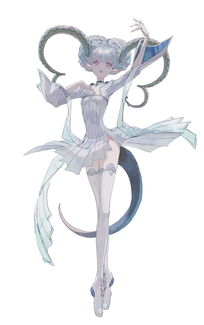 +_+ 1girl absurdres aqua_hair arm_up boots braid breasts choker crown_braid curled_horns dress fate/grand_order fate_(series) full_body green_horns hand_on_own_chest highres horns jewelry large_horns larva_tiamat_(fate) larva_tiamat_(first_ascension)_(fate) long_hair long_horns long_sleeves mimulishizi open_mouth pink_eyes pointy_ears ribbed_dress simple_background small_breasts solo symbol-shaped_pupils tail thigh_boots tiamat_(fate) tiptoes white_background white_dress wide_sleeves x-shaped_pupils