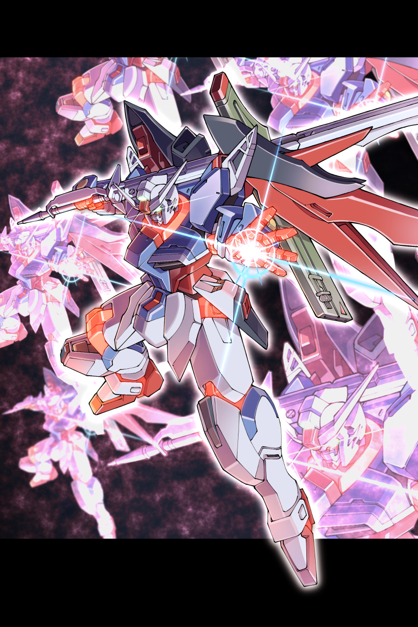 absurdres afterimage energy_sword commentary_request daigosan_(k66daigensui) destiny_gundam destiny_gundam_spec_ii energy_sword glowing glowing_eyes green_eyes gundam gundam_seed gundam_seed_destiny gundam_seed_freedom highres holding holding_sword holding_weapon mecha mobile_suit open_hand robot science_fiction sword v-fin weapon