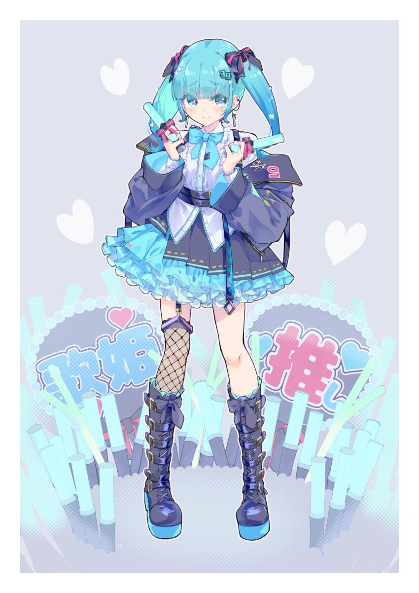 1girl black_boots blue_eyes blue_hair blue_jacket blue_skirt blunt_bangs blush boots border closed_mouth collared_shirt commentary_request earrings fishnet_thighhighs fishnets frilled_skirt frills full_body glowstick harusamesyota hatsune_miku highres holding holding_glowstick jacket jewelry knee_boots long_hair long_sleeves looking_at_viewer number_hair_ornament open_clothes open_jacket shirt single_thighhigh skirt smile solo standing thighhighs twintails vocaloid white_border white_shirt