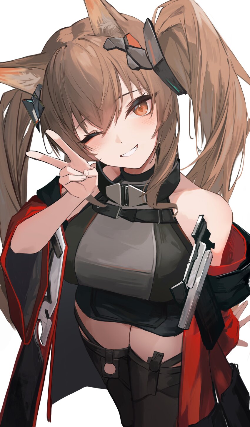 1girl absurdres angelina_(arknights) animal_ears arknights arknights:_endfield bare_shoulders belt black_thighhighs blush breasts brown_hair commentary diamond-shaped_pupils diamond_(shape) dot_nose dress earpiece fox_ears gilberta_(arknights) grey_dress grin hair_intakes hand_up high_belt high_collar highres jacket long_hair looking_at_viewer medium_breasts nekomatamago off_shoulder one_eye_closed open_clothes open_jacket red_eyes red_jacket short_dress simple_background sleeveless sleeveless_dress smile solo symbol-shaped_pupils thighhighs twintails v white_background zettai_ryouiki