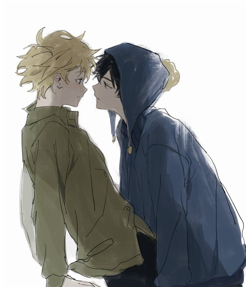 2boys animification beanie black_hair blonde_hair blue_eyes blush collared_shirt commentary_request craig_tucker from_side green_eyes green_shirt gum_sfr_03 hair_between_eyes hat highres leaning_back leaning_forward long_sleeves male_focus messy_hair multiple_boys parka pom_pom_(clothes) pom_pom_beanie profile shirt short_hair simple_background south_park tweek_tweak upper_body white_background yaoi