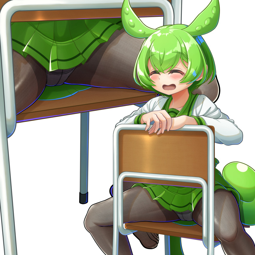 1girl absurdres accidental_exposure alternate_costume blush chair closed_eyes commentary_request feet_out_of_frame green_hair grey_panties grey_pantyhose highres long_hair long_sleeves multiple_views open_mouth panties panties_under_pantyhose pantyhose pea_pod pleated_skirt school_uniform shirt simple_background sitting sitting_backwards skirt smile spread_legs transparent_background underwear very_long_hair voiceroid voicevox white_shirt yayoyi_841 zundamon