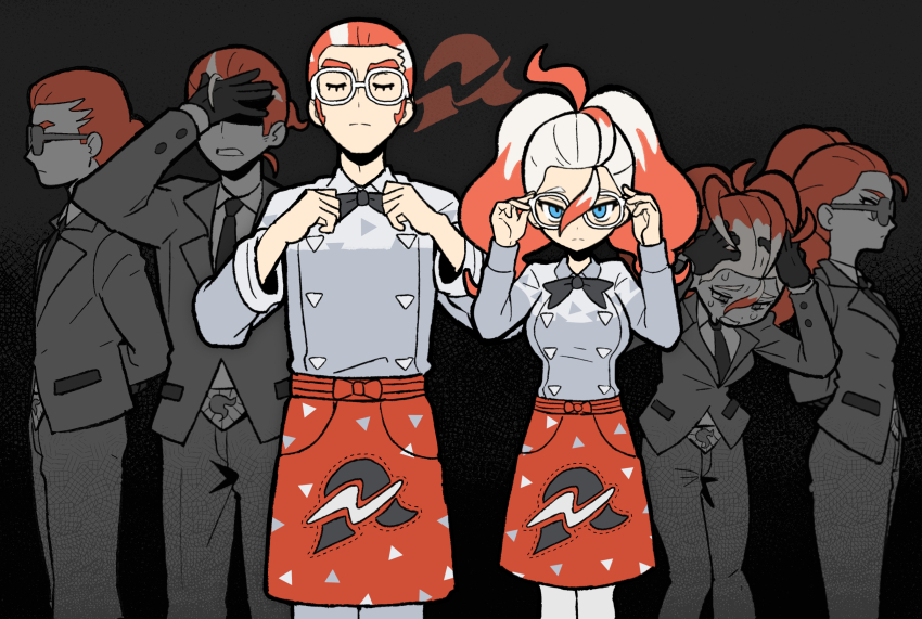 3boys 3girls absurdres adjusting_bowtie apron arms_behind_back black_bow black_bowtie black_gloves blue_eyes bow bowtie closed_eyes cowlick feet_out_of_frame formal_clothes glasses gloves griselle_(pokemon) grisham_(pokemon) hands_on_own_head highres looking_ahead multicolored_hair multiple_boys multiple_girls multiple_persona nintendo orange_apron orange_hair pokemon pokemon_legends:_z-a pokemon_xy profile sach56000 shaded_face split_ponytail straight-on suit sunglasses sweat team_flare_grunt time_progression two-tone_hair waist_apron wavy_hair white-framed_eyewear white_hair