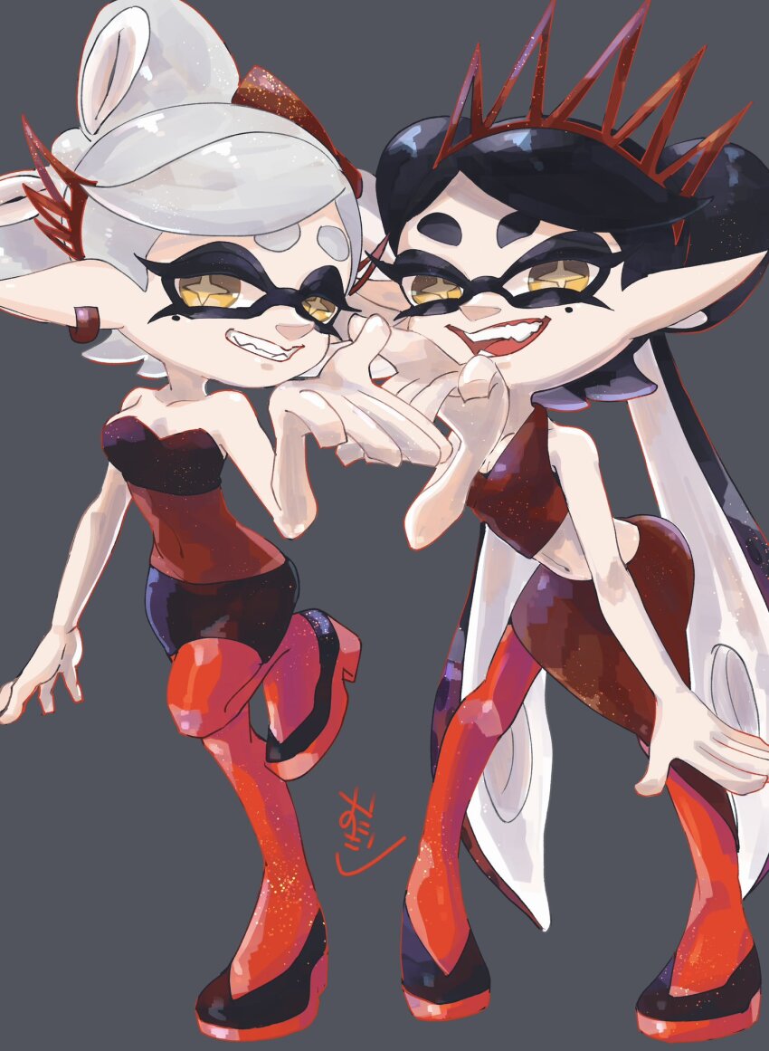 2girls bare_shoulders black_hair blowing_kiss bow-shaped_hair callie_(splatoon) commentary_request crop_top ear_piercing fang full_body glitter glitter_legwear grey_hair highres inkling leaning_forward leg_lift leg_raise leg_up leggings long_hair looking_at_viewer marie_(splatoon) matching_outfits mole mole_under_eye multicolored_hair multiple_girls navel nintendo okome_2g2g open_mouth piercing pointy_ears red_leggings red_shoes red_tiara shirt shoes short_hair simple_background skirt sleeveless sleeveless_shirt smile smirk splatoon_(series) splatoon_3 standing star-shaped_pupils star_(symbol) suction_cups swept_bangs symbol-shaped_pupils tentacle_hair thick_eyebrows tiara twintails two-tone_hair very_long_hair yellow_eyes