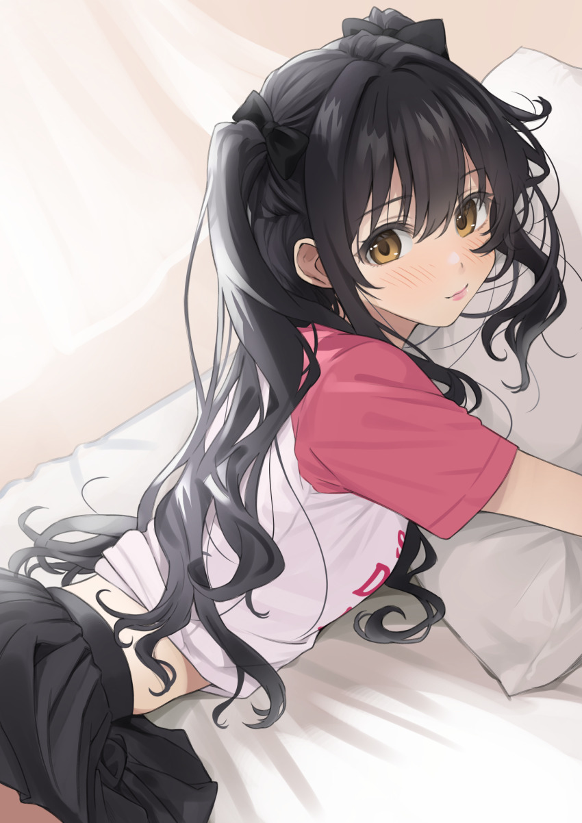 1girl black_hair blush breasts brown_eyes highres hugging_object long_hair looking_at_viewer lying on_bed on_stomach original pillow pillow_hug pleated_skirt skirt small_breasts smile solo sunlight two_side_up yoropa