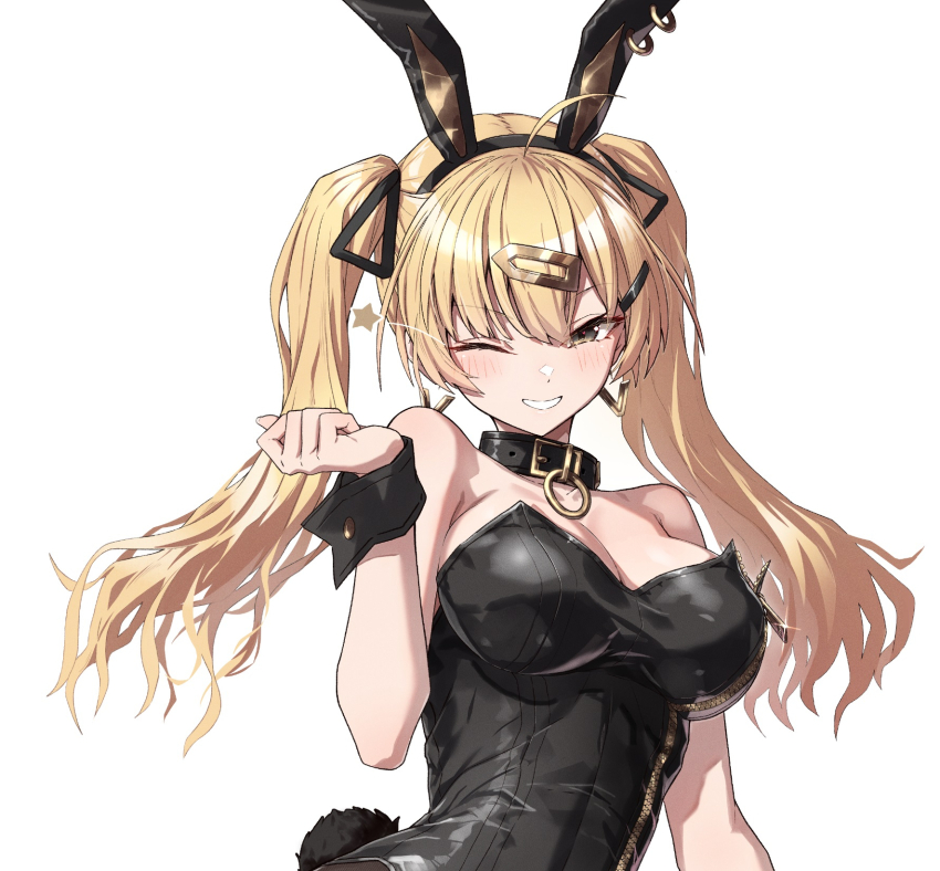 1girl ahoge animal_ear_hairband animal_ears armpit_crease bare_shoulders black_collar black_gold_bunny_(takanashi_kei) black_wrist_cuffs blonde_hair blush breasts cleavage collar fake_animal_ears hair_between_eyes hair_ornament hairband hairclip hand_up highres large_breasts long_hair one_eye_closed original rabbit_ear_hairband rabbit_ears rabbit_tail smile star_(symbol) tail takanashi_kei_(hitsujikan) twintails white_background wrist_cuffs yellow_eyes