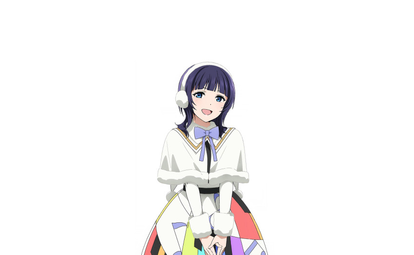 1girl asaka_karin blue_eyes blue_hair blue_ribbon blunt_bangs blush capelet colorful_dreams!_colorful_smiles!_(love_live!) cowboy_shot dress earmuffs fur-trimmed_capelet fur-trimmed_collar fur_trim highres long_sleeves looking_at_viewer love_live! love_live!_nijigasaki_high_school_idol_club love_live!_school_idol_festival_2 medium_hair musical_note musical_note_print neck_ribbon official_art open_mouth own_hands_together piano_print rainbow_print rainbow_skirt ribbon smile solo standing transparent_background v_arms white_capelet white_dress