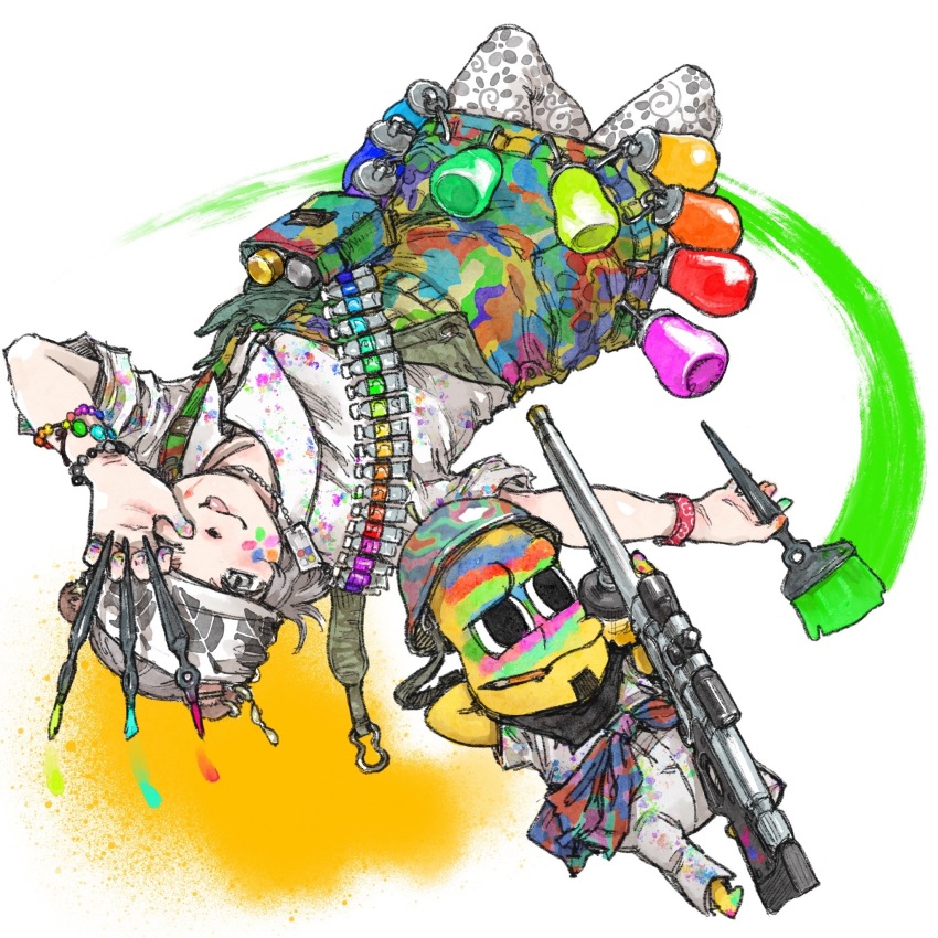 1boy 1girl alternate_costume animal_ears animal_nose apron arm_behind_head bandana bandana_around_neck barefoot bead_bracelet beads between_fingers black_bandana bracelet closed_mouth clothes_around_waist commentary_request facepaint frown full_body gun half-closed_eyes hand_over_eye helmet highres holding holding_gun holding_paintbrush holding_weapon jacket jacket_around_waist jewelry lying mode_aim mouth_hold multicolored_apron on_back one_eye_closed paint_can paint_gun paint_on_clothes paint_splatter paintbrush pants patterned_clothing peanuts-kun ponpoko_(vtuber) raccoon_ears raccoon_girl rifle shirt short_sleeves single_strap tongue tongue_out usagisawa virtual_youtuber weapon white_background white_bandana white_pants white_shirt