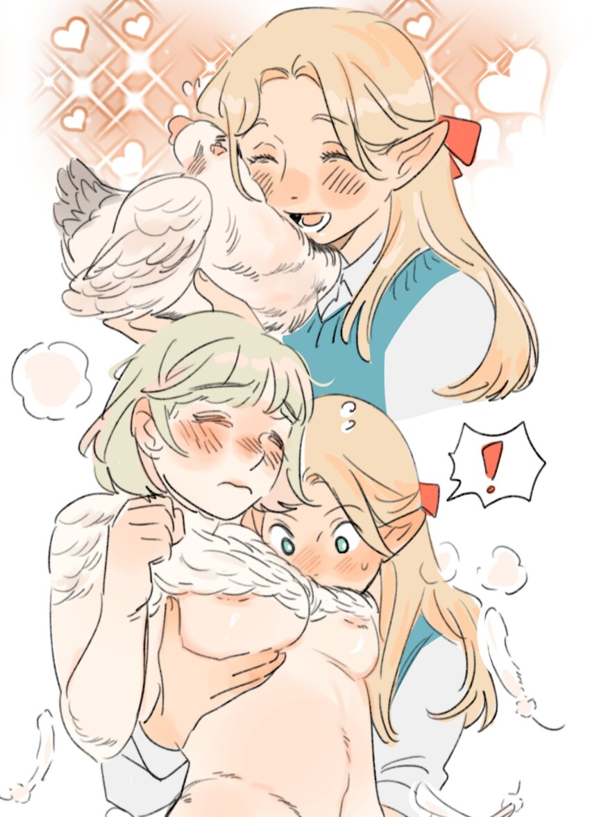 ! 2girls :d ^_^ animal animalization aqua_eyes areola_slip bird blonde_hair blush breasts chicken chimera clenched_hand closed_eyes closed_mouth curtained_hair dungeon_meshi elf falin_touden falin_touden_(chimera) falling_feathers feathers flying_sweatdrops frown grabbing_another&#039;s_breast groping heart highres holding holding_animal in_palm long_hair loving_aura lower_teeth_only marcille_donato medium_breasts milfcookiesimp multiple_girls nose_blush open_mouth pink_feathers pointy_ears smile sparkle sparkling_aura spoken_exclamation_mark sweatdrop teeth transformation underboob white_background white_feathers wide-eyed yuri