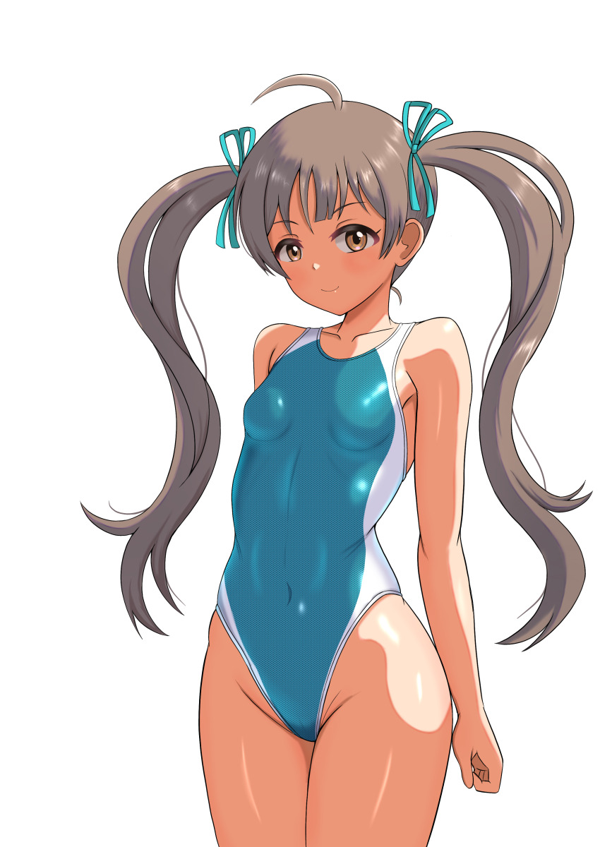1girl absurdres ahoge arshinoe blue_one-piece_swimsuit breasts brown_eyes competition_swimsuit covered_navel cowboy_shot dark-skinned_female dark_skin day grey_hair hakozaki_serika highleg highleg_one-piece_swimsuit highres idolmaster idolmaster_million_live! idolmaster_million_live!_theater_days long_hair one-piece_swimsuit simple_background small_breasts solo swimsuit twintails two-tone_swimsuit white_background