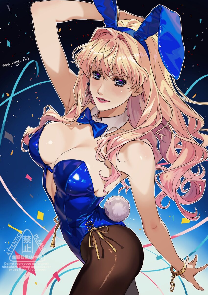 1girl animal_ears bare_shoulders blonde_hair blue_eyes blush bow bowtie breasts cleavage commentary_request detached_collar earrings fake_animal_ears highres jewelry large_breasts leotard long_hair looking_at_viewer macross macross_frontier pantyhose playboy_bunny rabbit_ears rabbit_tail ryu_(masu_nantoka-san) sheryl_nome smile solo strapless strapless_leotard tail wrist_cuffs